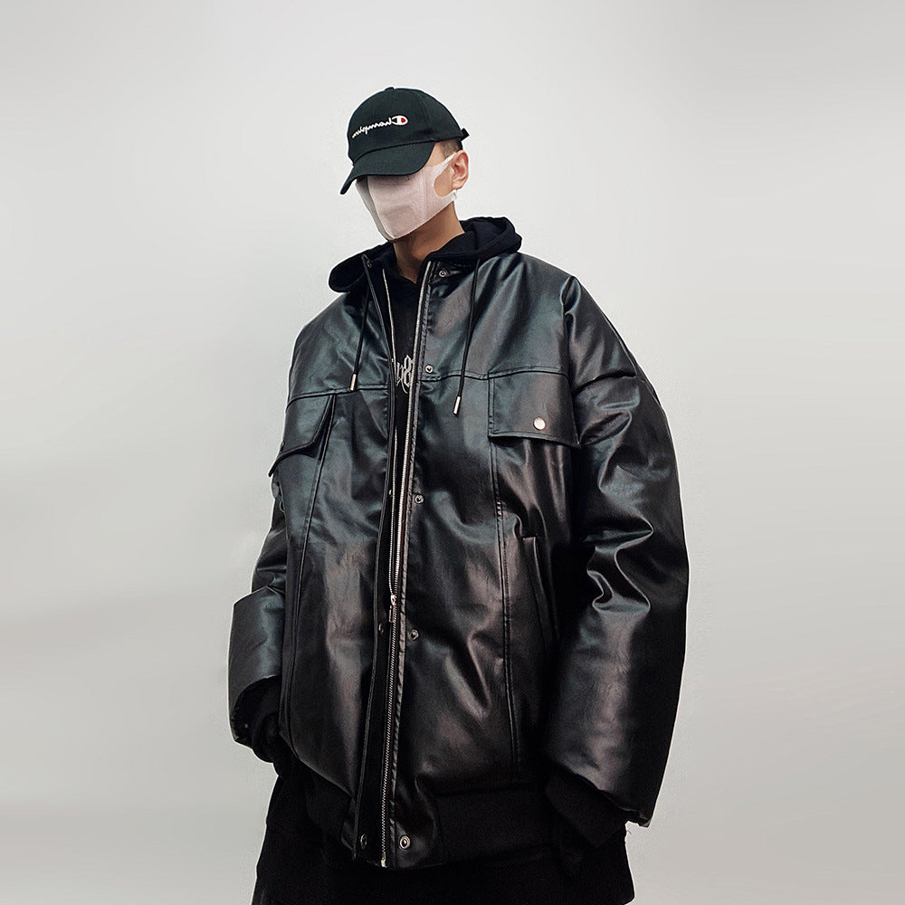 Vinter Varm Hvid Andedunsjakke Amerikansk Stil Løs PU Læder Baseball Uniform Tyk Jakke