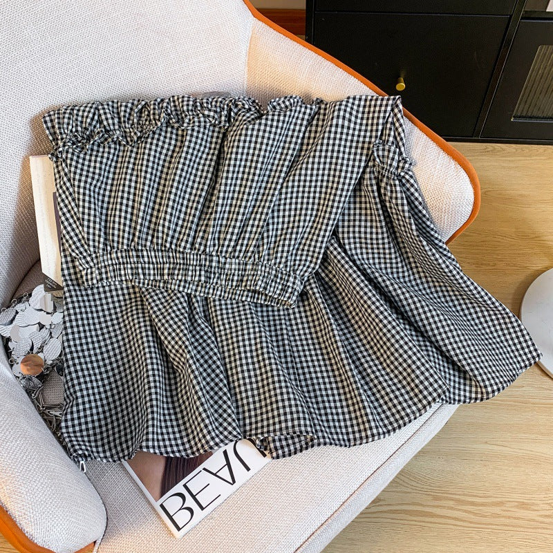 Summer Elastic Waist French Black And White Plaid Irregular A- Line Skirt