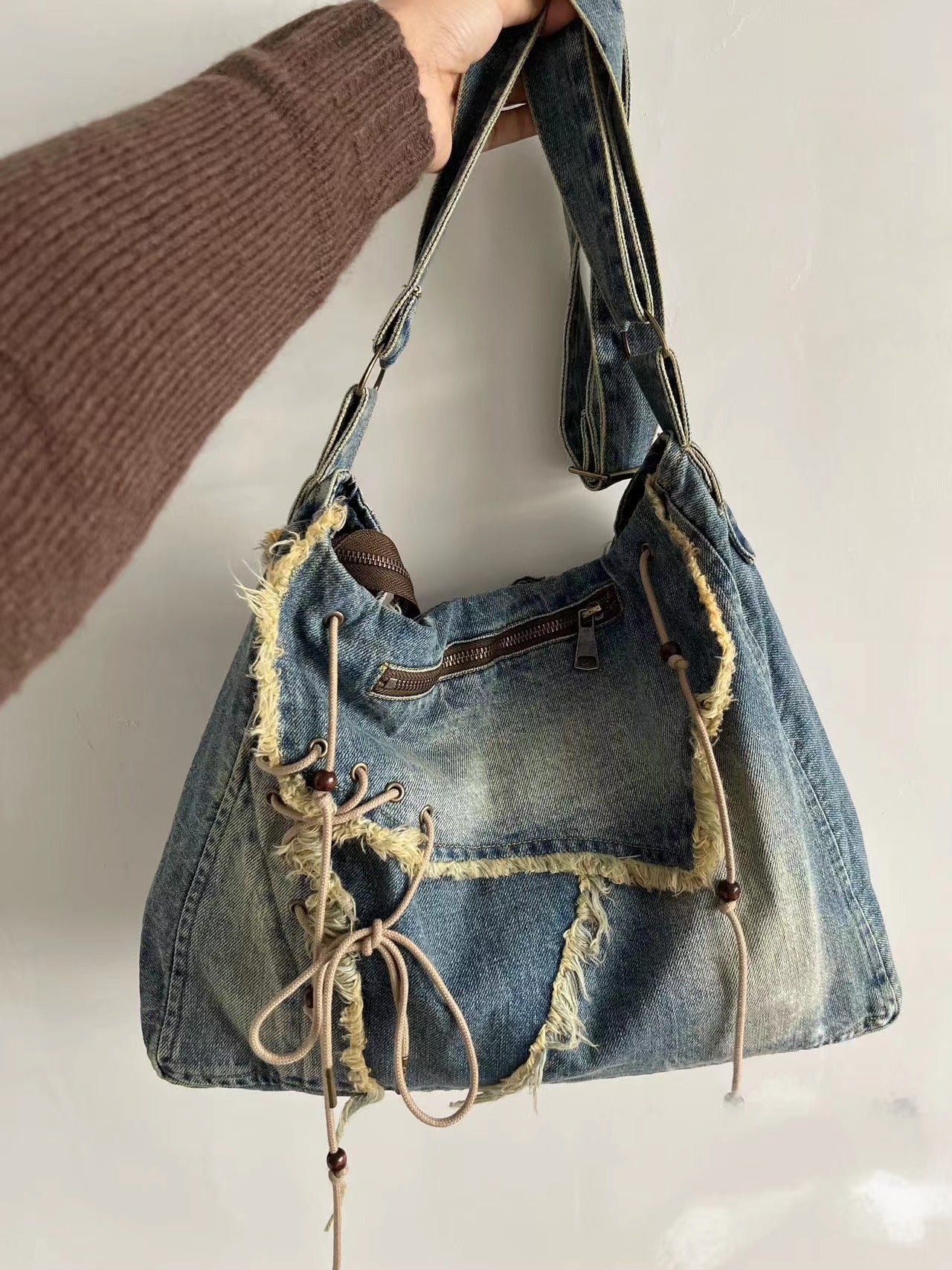 Vintage Vasket Børstet Denim Taske med Kvast