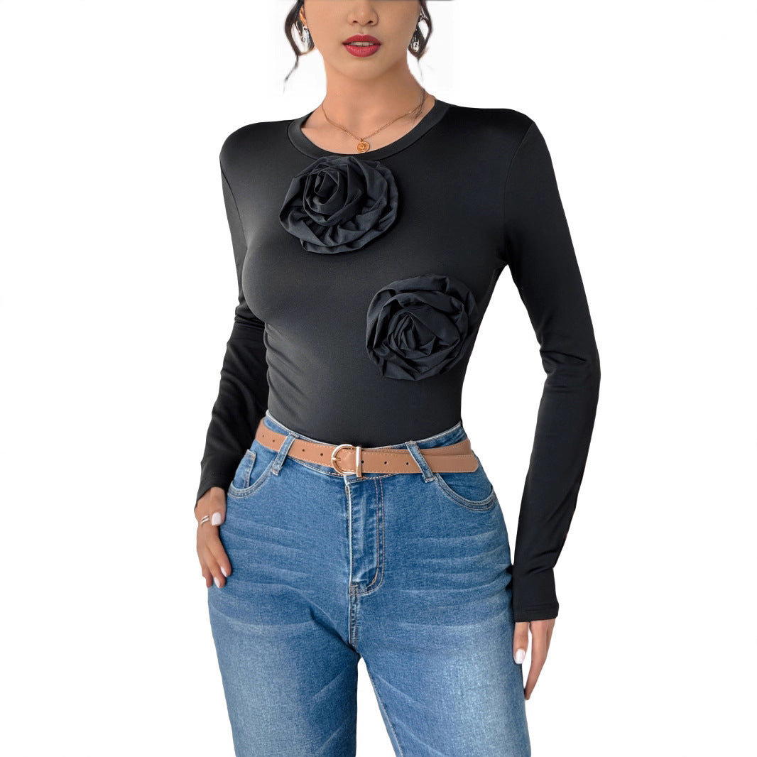High-elastic Long-sleeve Solid-color 3D Floral Crewneck Jumpsuit
