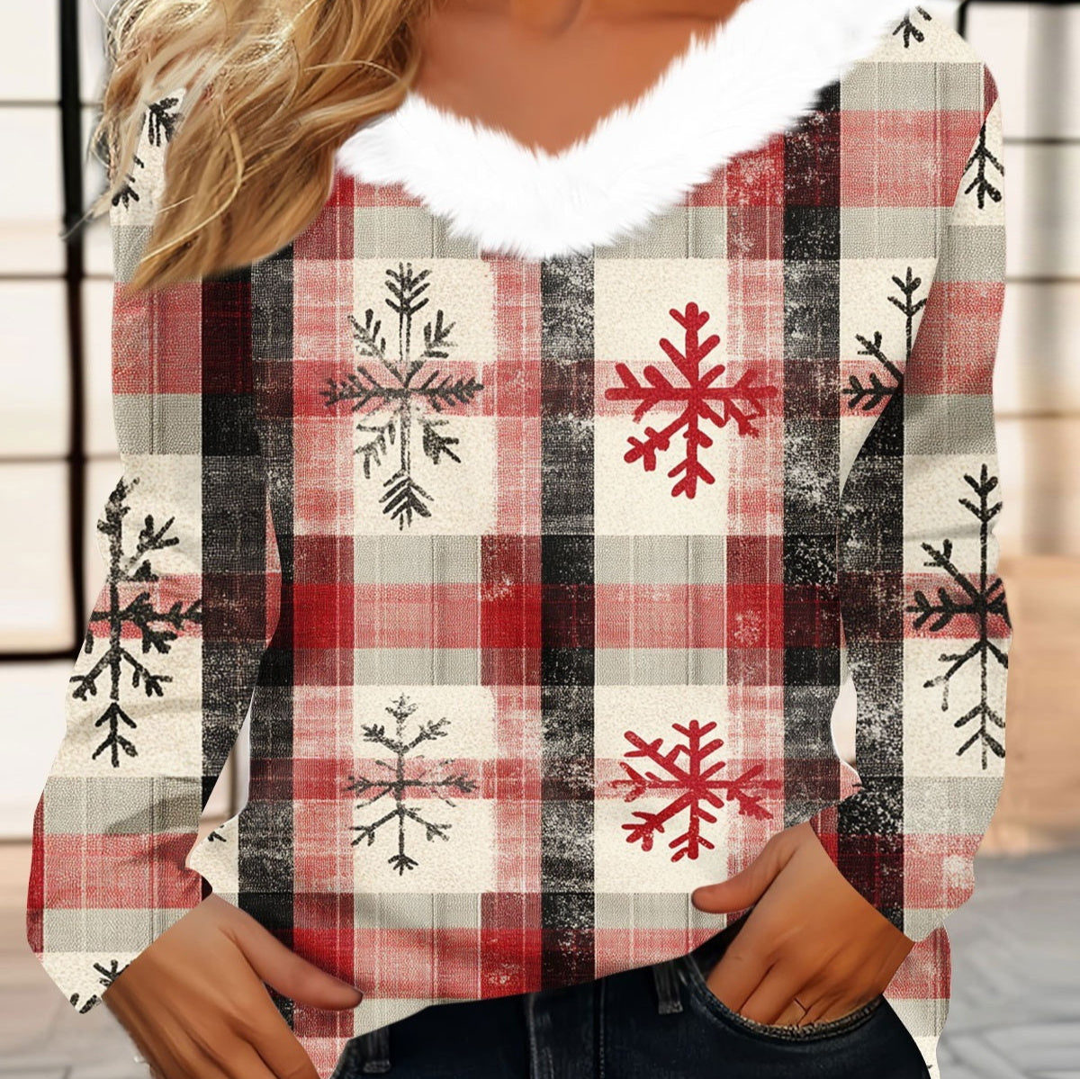 Women's Long Sleeve Christmas Print Party Furry Collar V-Neck Top