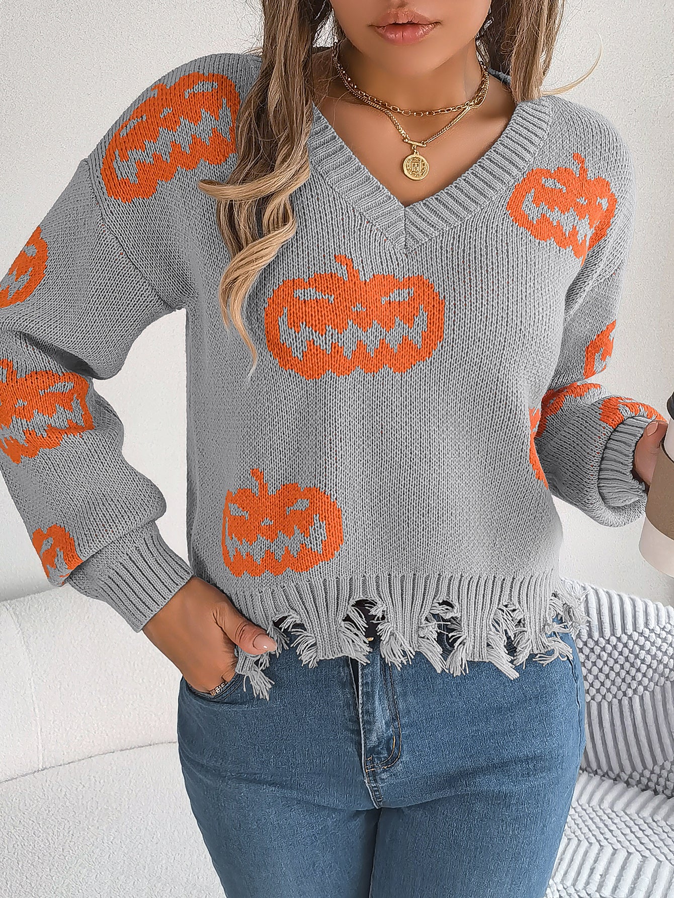 Women Color Block Pumpkin Distressed Long Sleeve Pullover Sweater