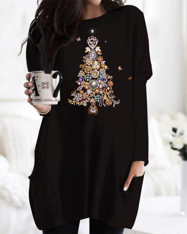 Printed Round Neck Long Sleeve Women's Bag Hip Dress