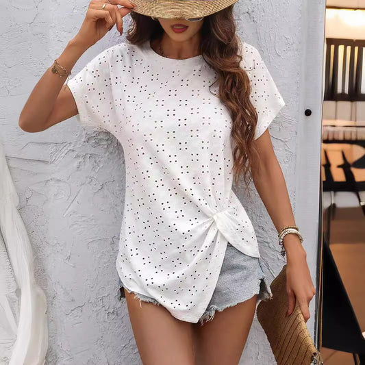 Fashion Casual Kvinder Ensfarvet Frisk Jacquard Plisseret Rundhalset T-shirt