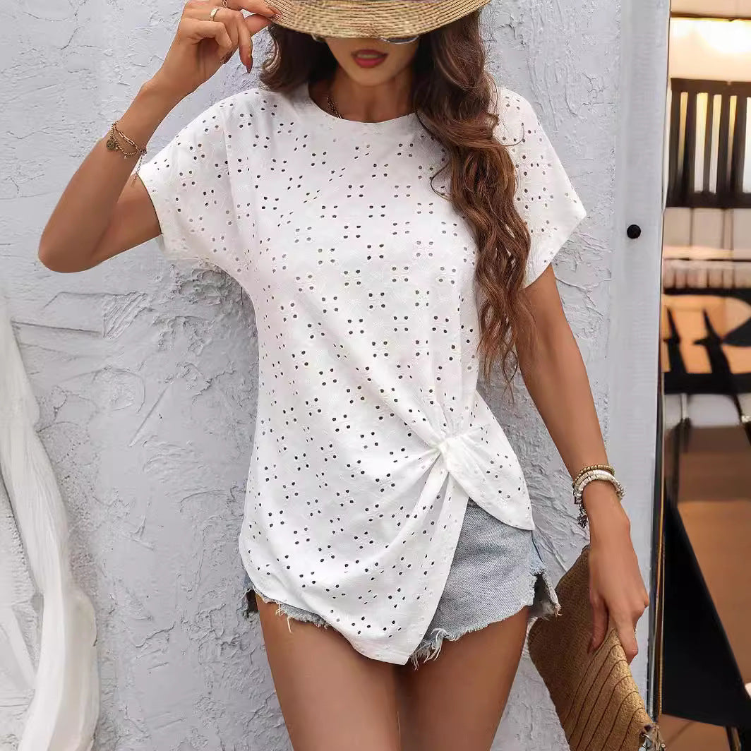 Fashion Casual Kvinder Ensfarvet Frisk Jacquard Plisseret Rundhalset T-shirt