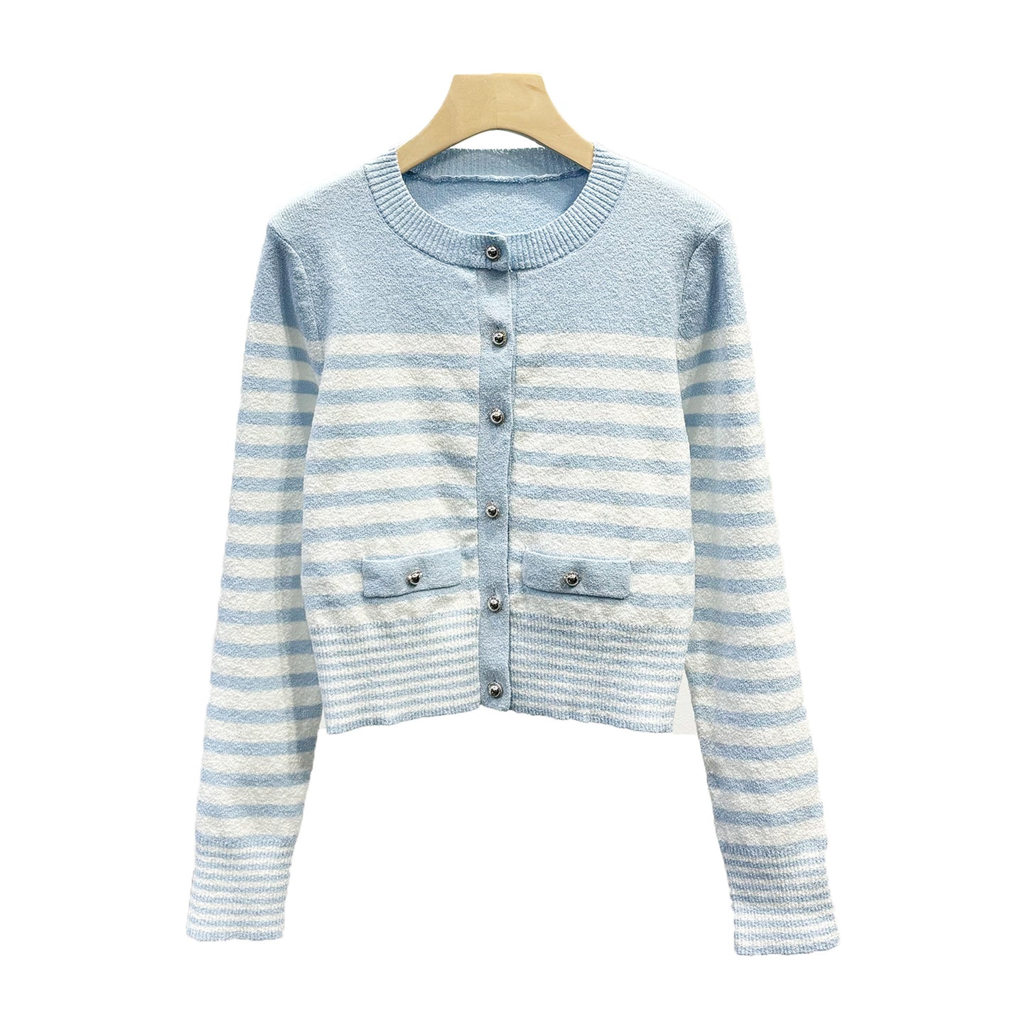 Womens Blue And White Striped Knitted Cardigan And Camisole Two-Piece Set