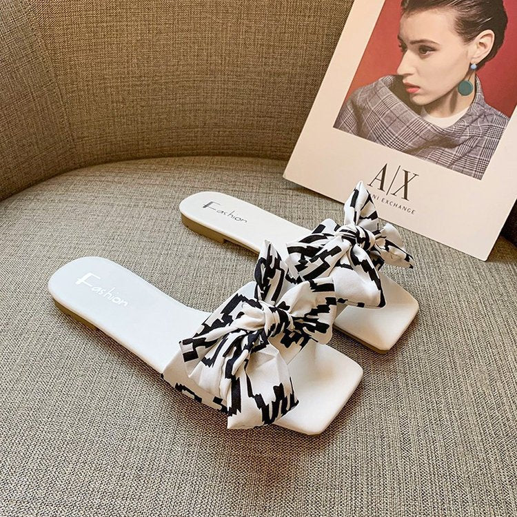 Summer Bow Square Toe Flat Flip Flops