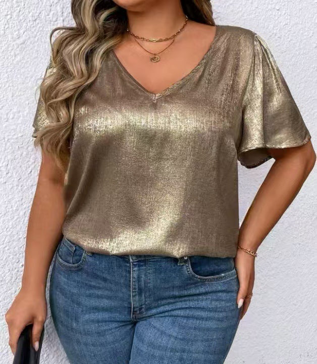 Loose-fit V-neck Solid-color Short-sleeve Top