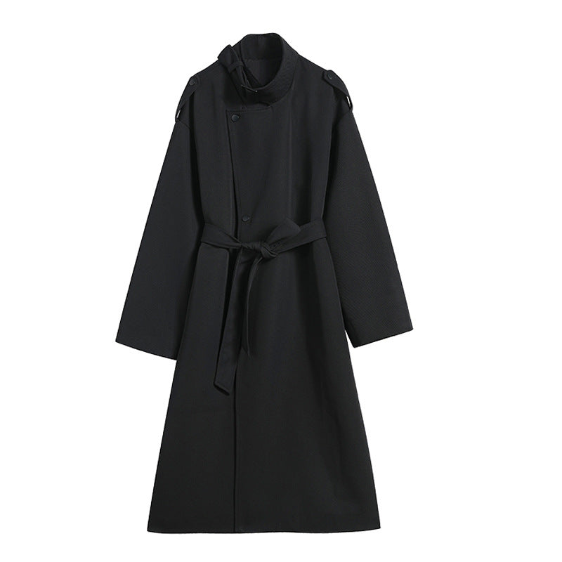 Black Windbreaker Women's Mid-length Loose Retro Temperament Popular Over-the-knee Coat