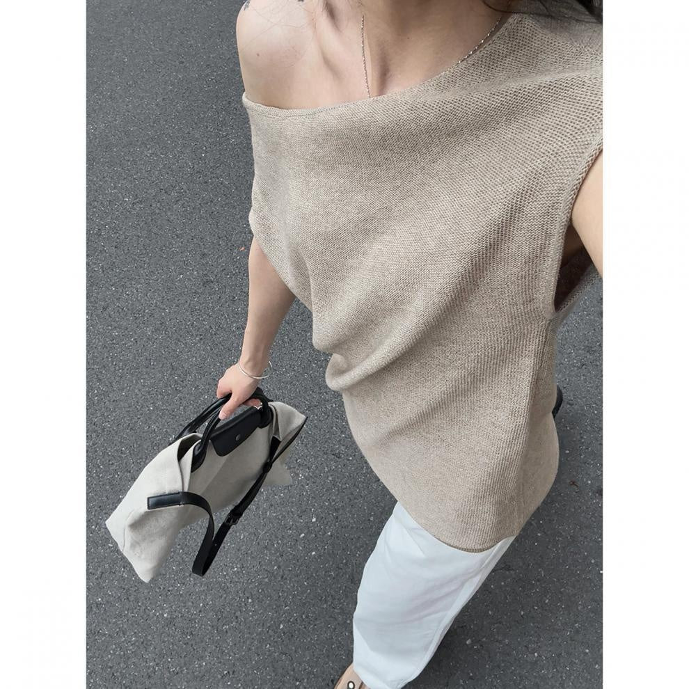 Wool Linen 3D Cutting One-word Shoulder Small Blouse Short Sleeve