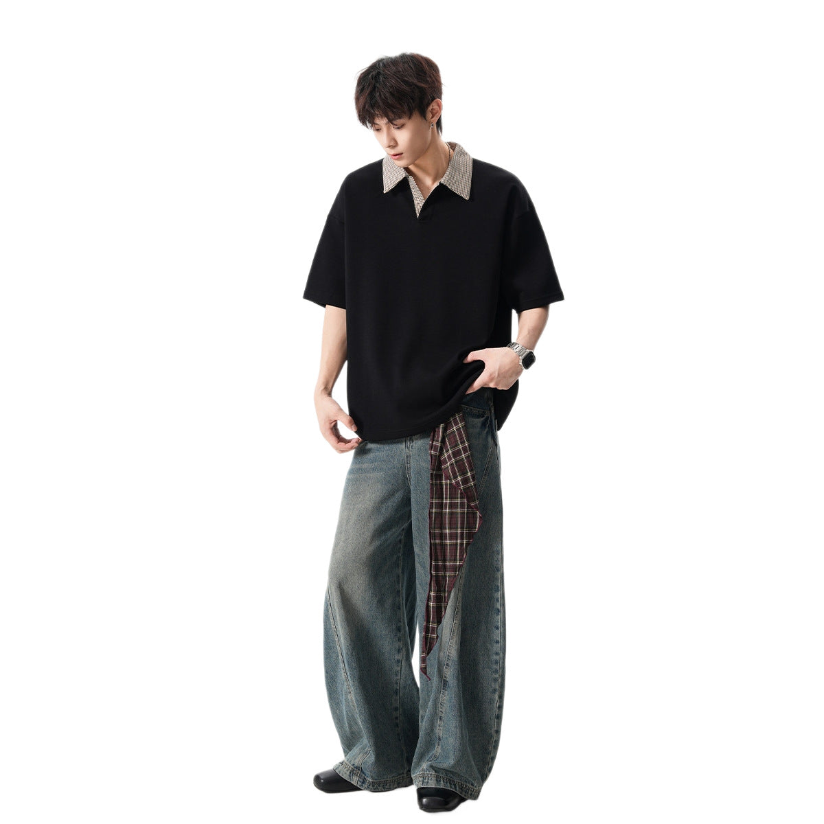 Loose-fit Lapel Short-sleeve Contrast-color Casual Top For Men