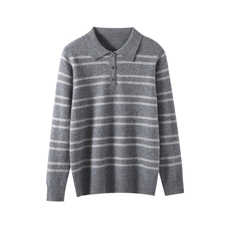 Lapel Pure Wool Sweater Striped Color Matching Half Button Pullover Long Sleeve Loose-fitting Underwear Sweater