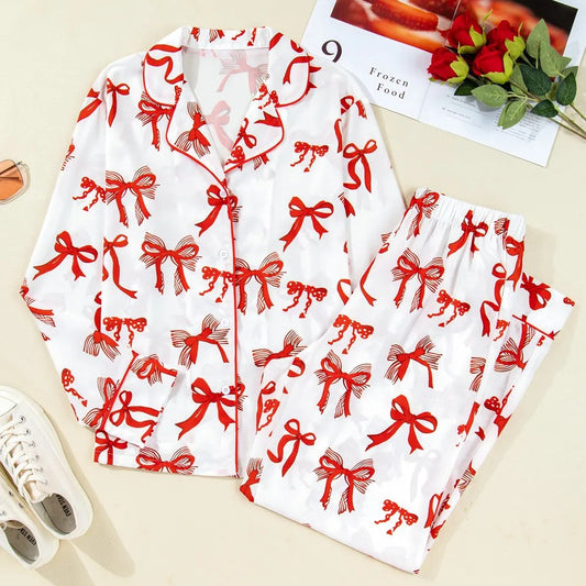 Red Christmas Bow Print Long 2pcs Pajama Set