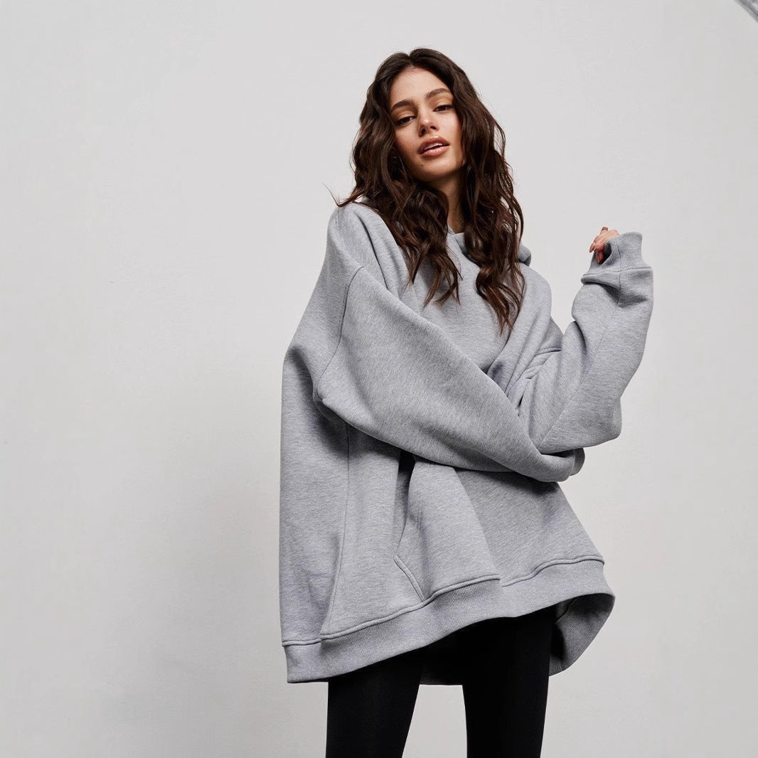 Women's Fleece-lined Bathroom Solid Color Clothing Word Kangaroo Pocket Drawstring Hoodie