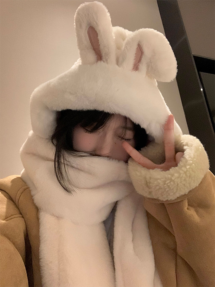 White Bunny Ears Hat And Scarf All In One