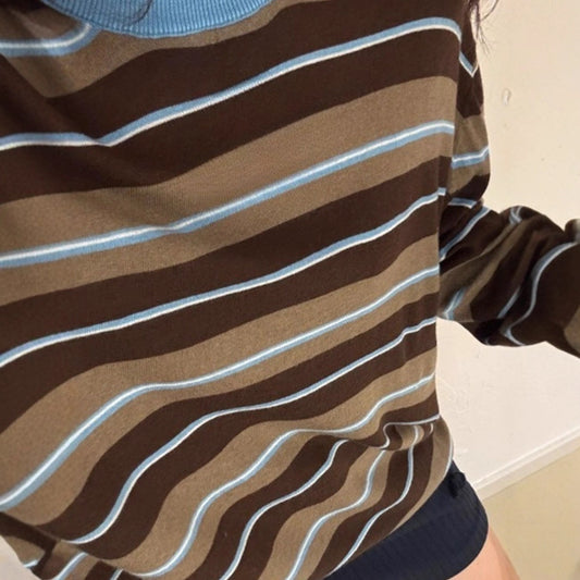 Blå og Kaffestribet Crewneck Pullover Løstsiddende Langærmet Dame