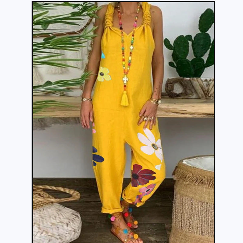 Women's Fashion Minimalist Loose Fitting Casual Printed One Piece Strappy Trousers