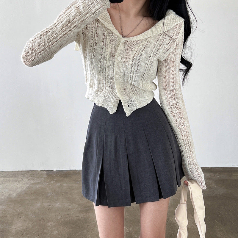 Retro V-hals Enkeltradet Langærmet Kort Strikket Cardigan Top