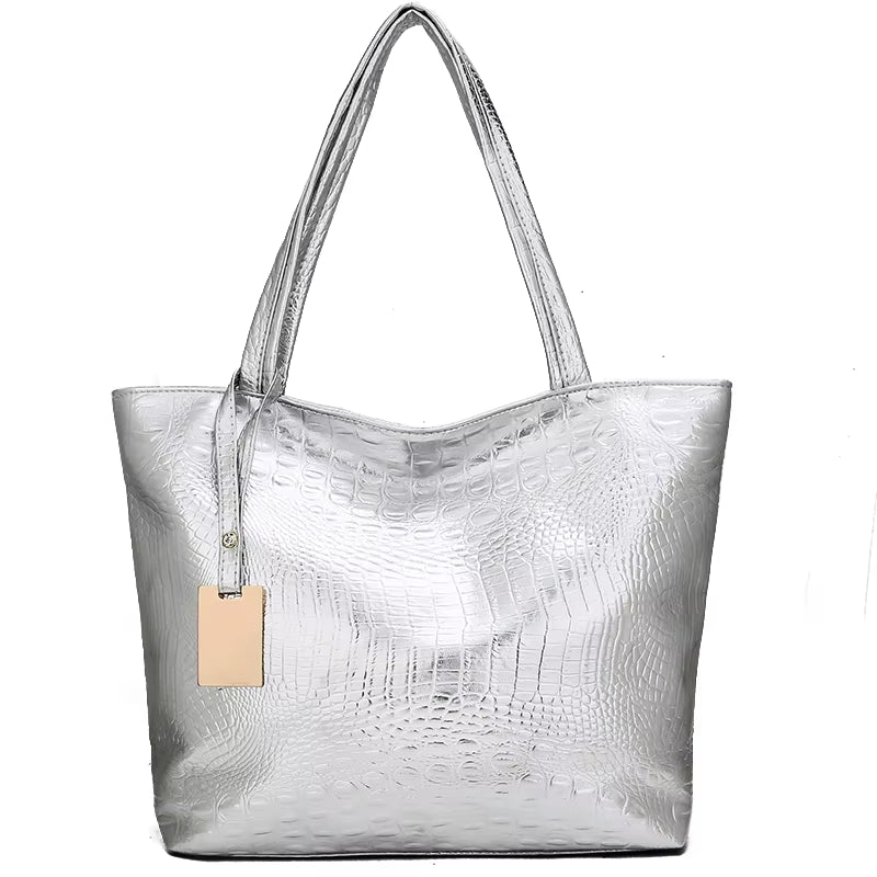 Elegant Crocodile Pattern PU Leather Tote Bags for Women in Silver, Gold, and Black