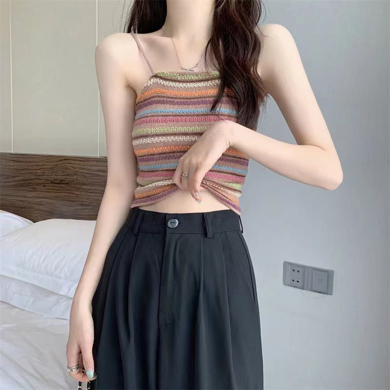 Colorful Striped Knitted Small Suspender Women's Vest