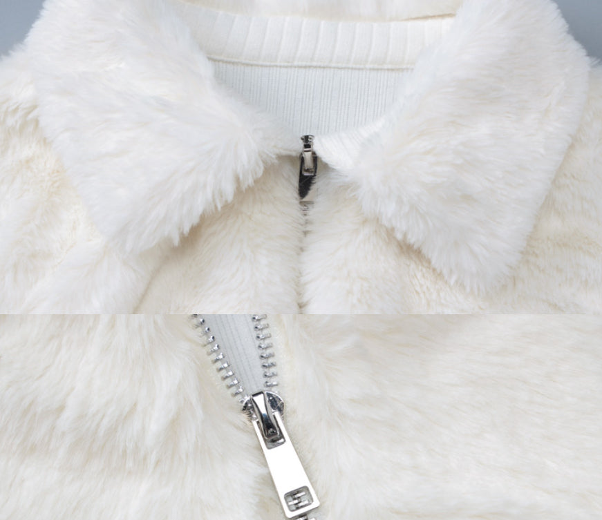 Double-sided Zipper Cardigan With Lapel And Furry Patch Long Sleeve Top