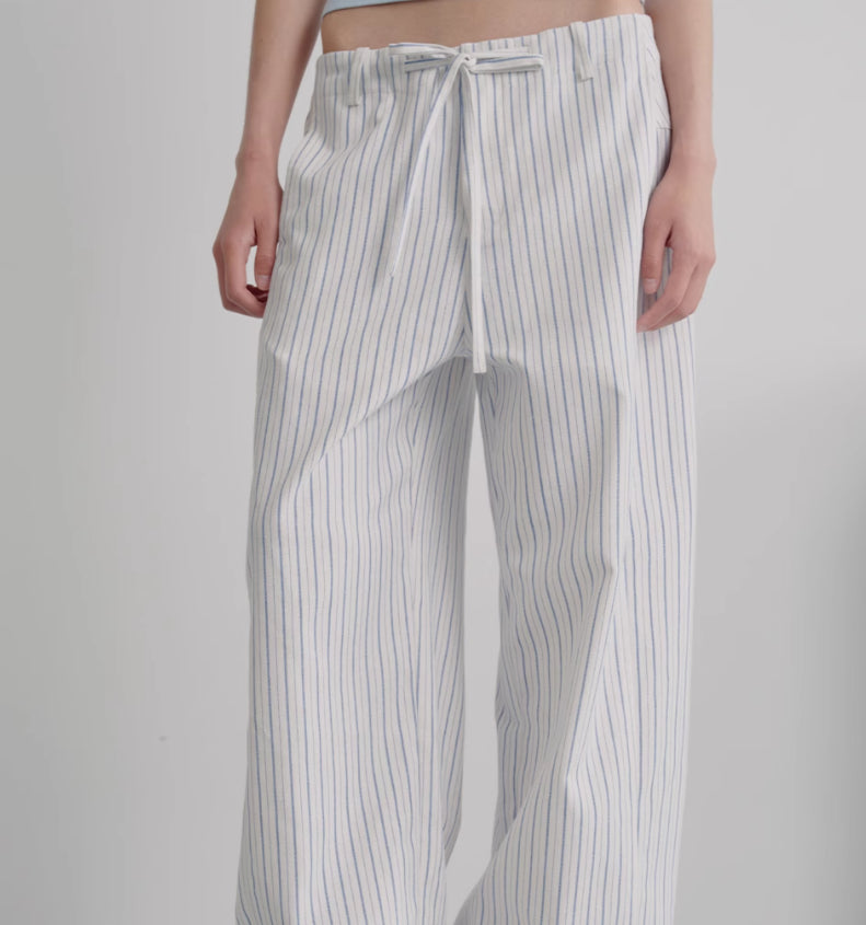 Striped Blue And White Drawstring Banana Pants