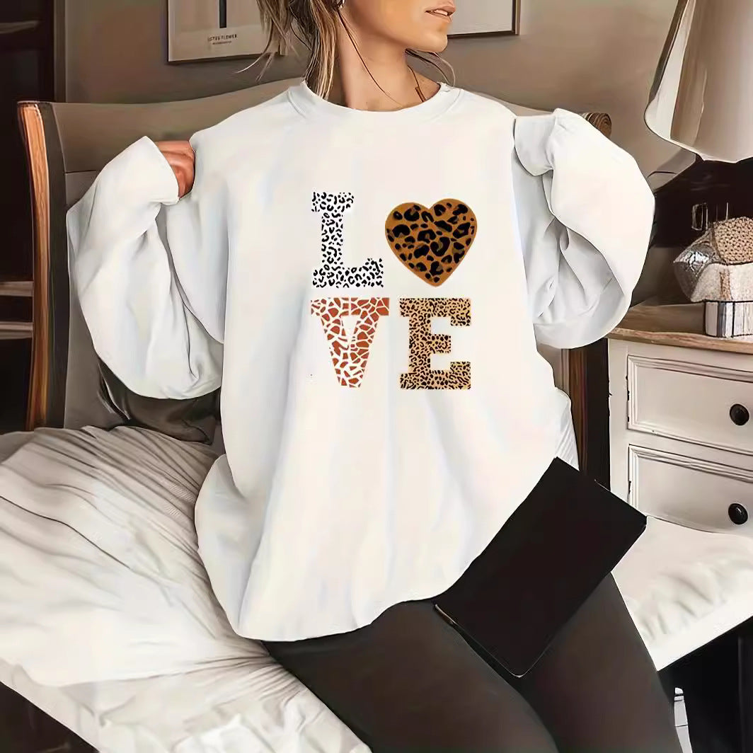Rundhalset Leopardprint Kærlighed Plus Size Trøje Til Piger