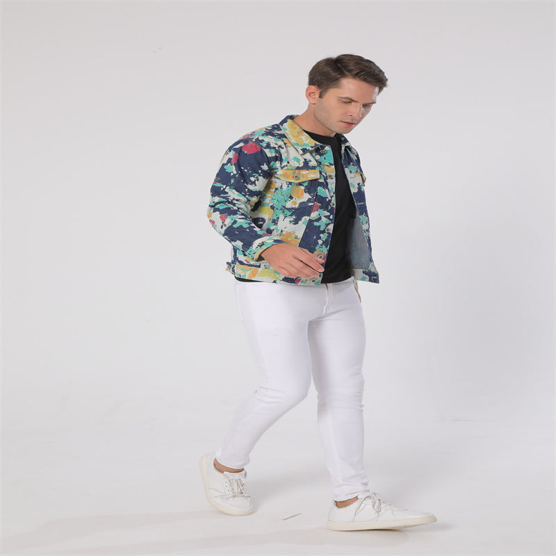 Lapel Denim Camouflage Hand-painted Floral Cloth Long Sleeve Non-elastic Denim Coat Jacket