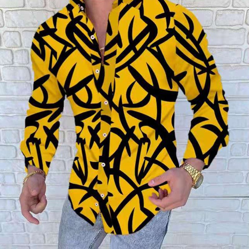 Men's Beach Print Casual Loose Long Sleeve Lapel Men's Top