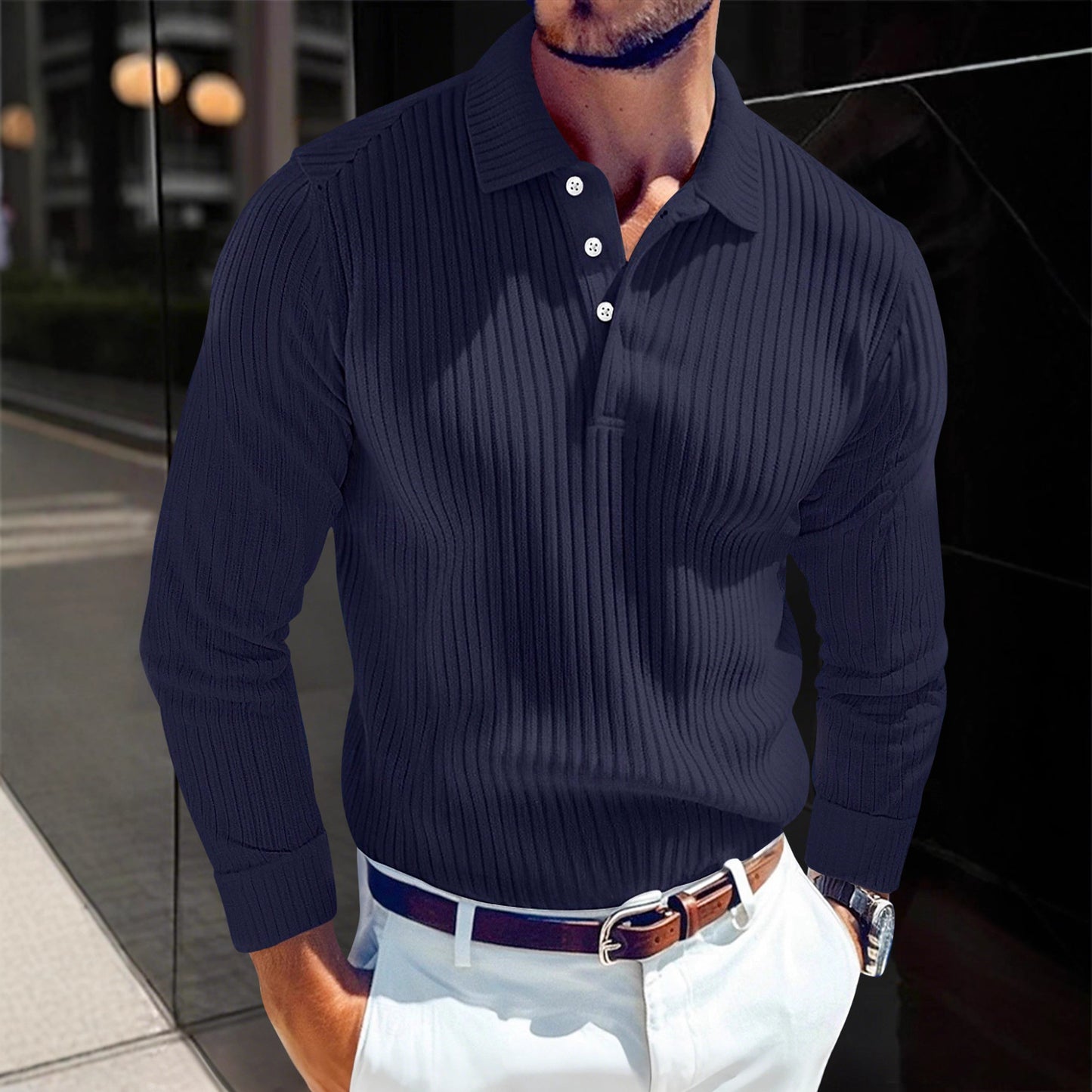 Men's Polo T-shirt With A Turn-down Collar Spring Summer Business Buttoned Long-sleeve Sports Retro Style Striped Polo Shirt For Daily Wear