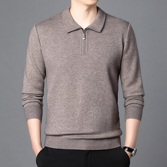 T-shirt Trendy High-end Men's Lapel Pullover Long Sleeve Knitted Sweater 100 Wool