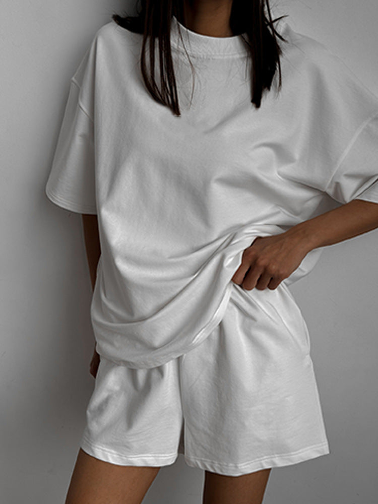 Casual Short-Sleeve Crew-Neck Top And Shorts Two-Piece Set