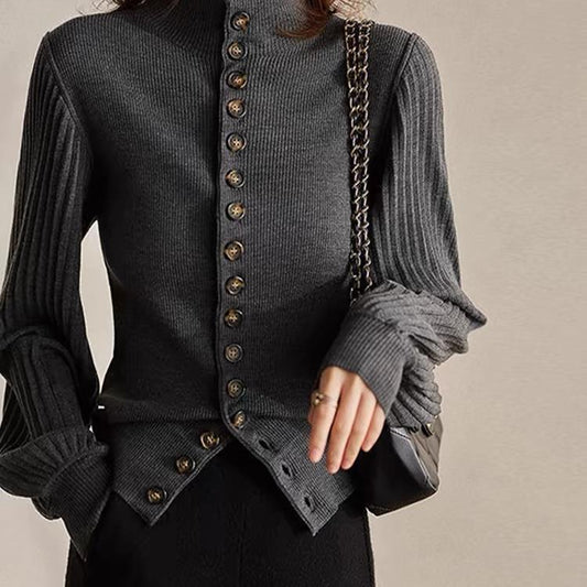 Retro Elegance Patchwork Stand-up Collar Knitted Cardigan