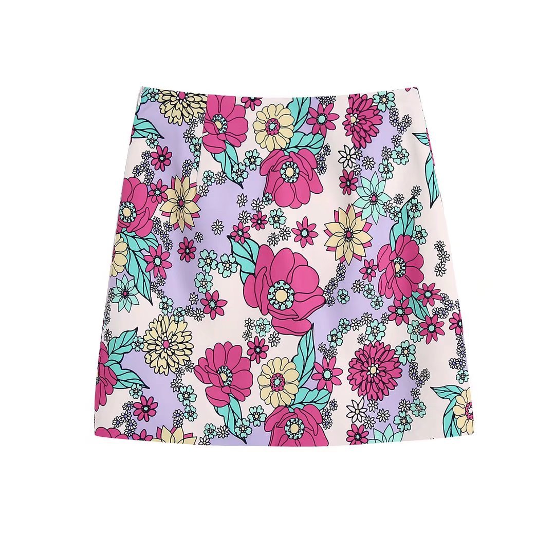 Sling Print Lace Up Short Top  High Waist Skirt Set