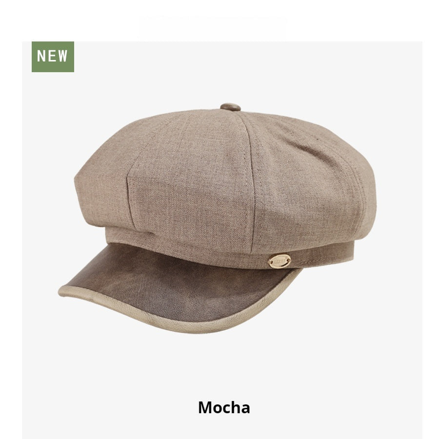 Cotton And Linen Octagonal Cap Artistic Stitching Leather Brim Big Head Suitable