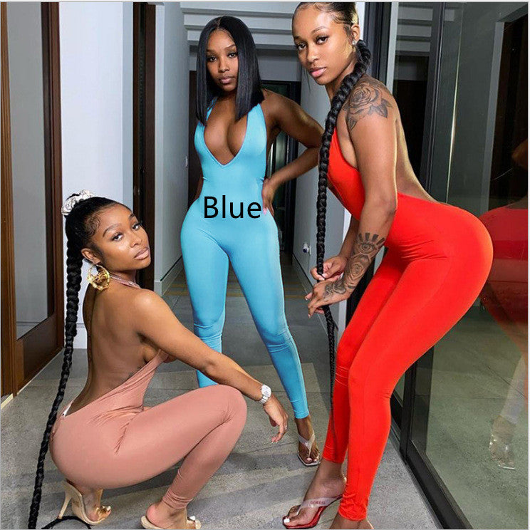 Women's Fashion Backless Neckline V-neck Lifting Hip Sports Jumpsuit