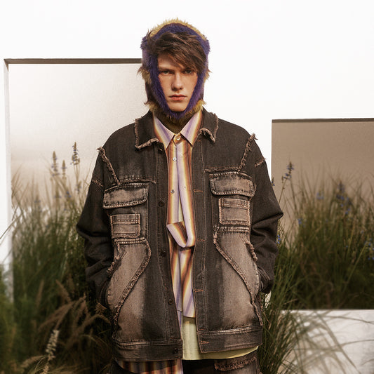 Punk Design Stitching Cat Raw-cut Edges Turn-down Collar Coat
