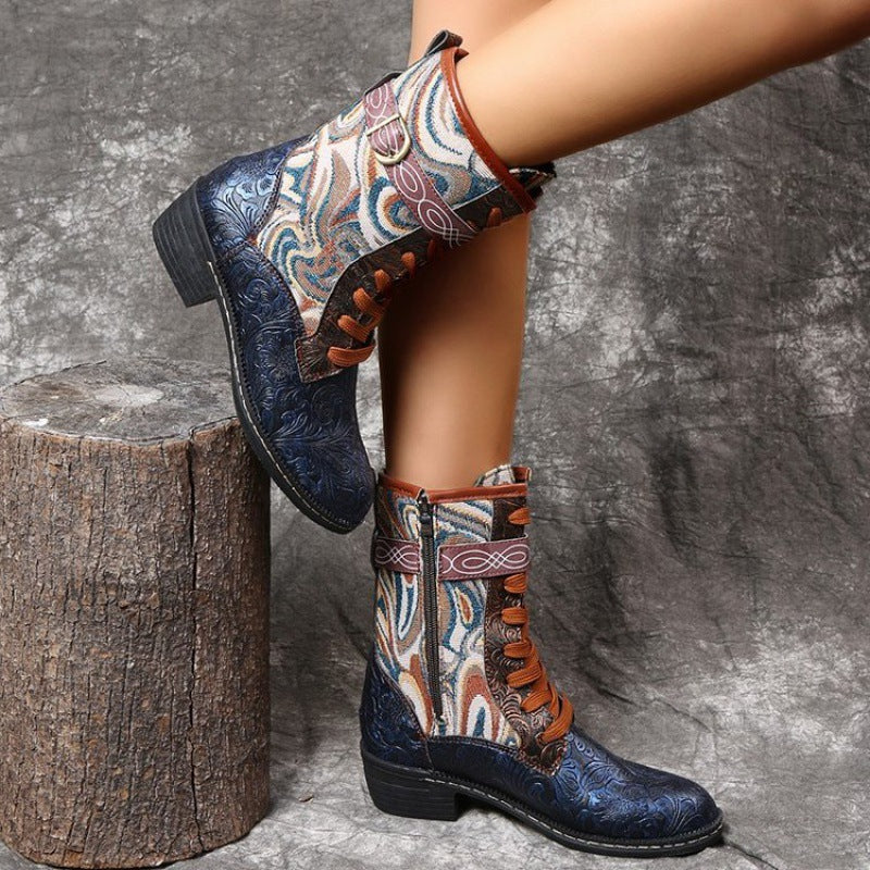 Retro Embroidered Ethnic Style Square Heel Martin Boots