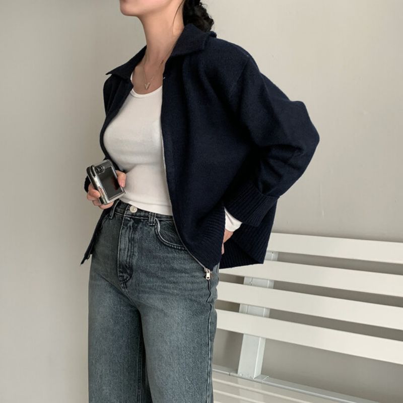 Polo Collar Double-headed Zipper Sweater Cardigan