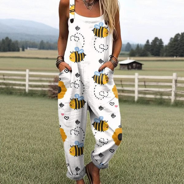 Women's Fresh And Sweet Digital Print Button Suspender Casual Pants