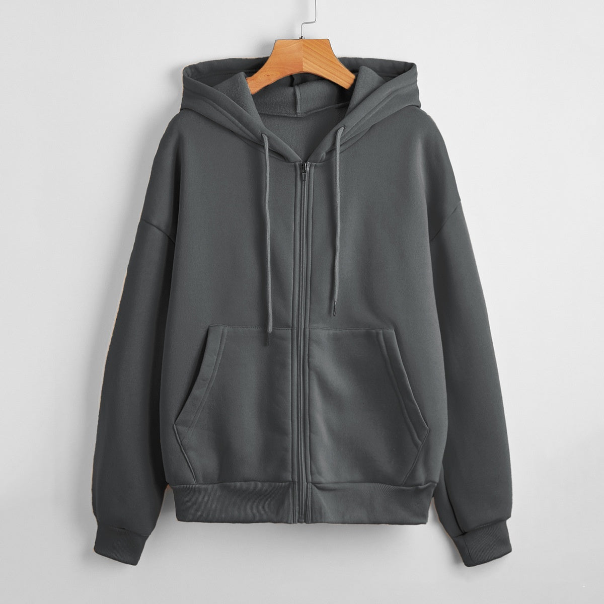 Sweater til kvinder med hætte, ensfarvet, lynlås, løstsiddende, foret frakke
