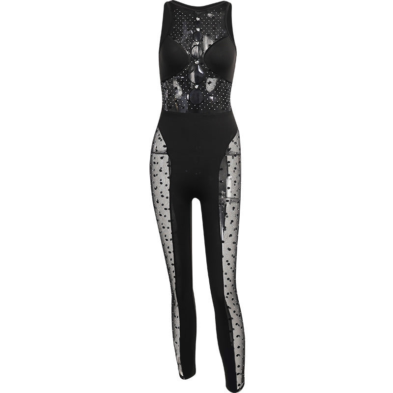 Women's Fashion Mesh Round Neck Hollow-out Jumpsuit