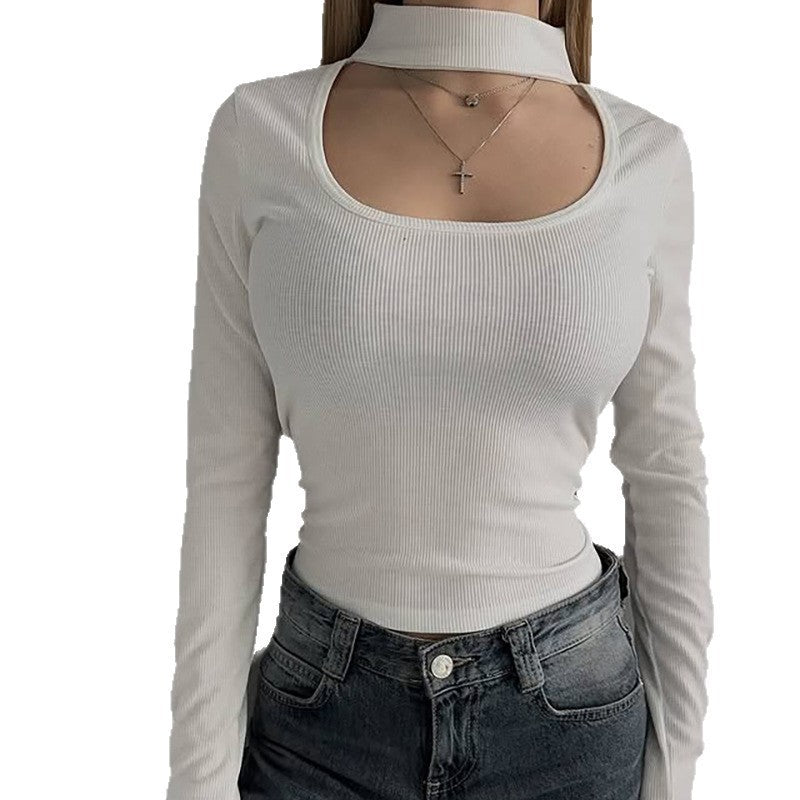 Black And White Hollow-out U-neck Low-cut Long-sleeved T-shirt