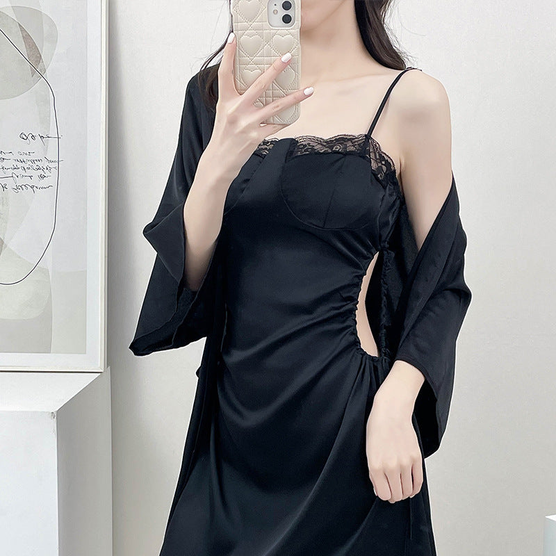 Black Sexy Pajamas Slip Dress And Robe Two-Piece Set