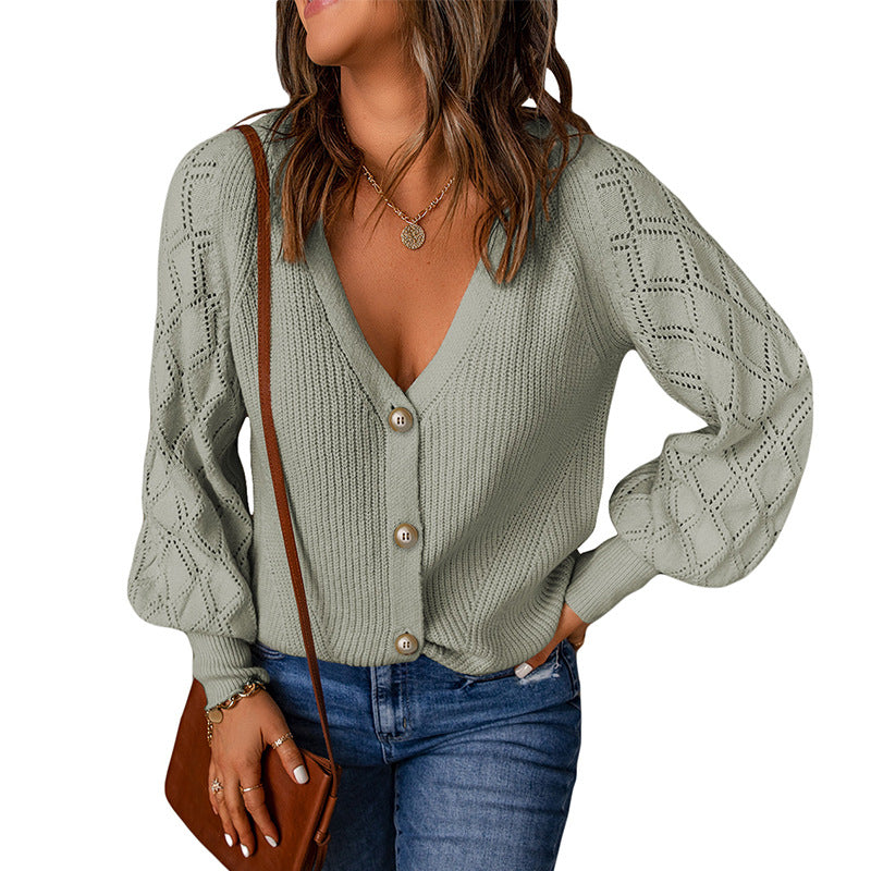 Women's Solid Color Rhombus Puff Sleeve Knitted Sweater Coat