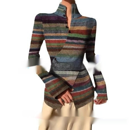 New Stand Collar Striped Cross Hem Top