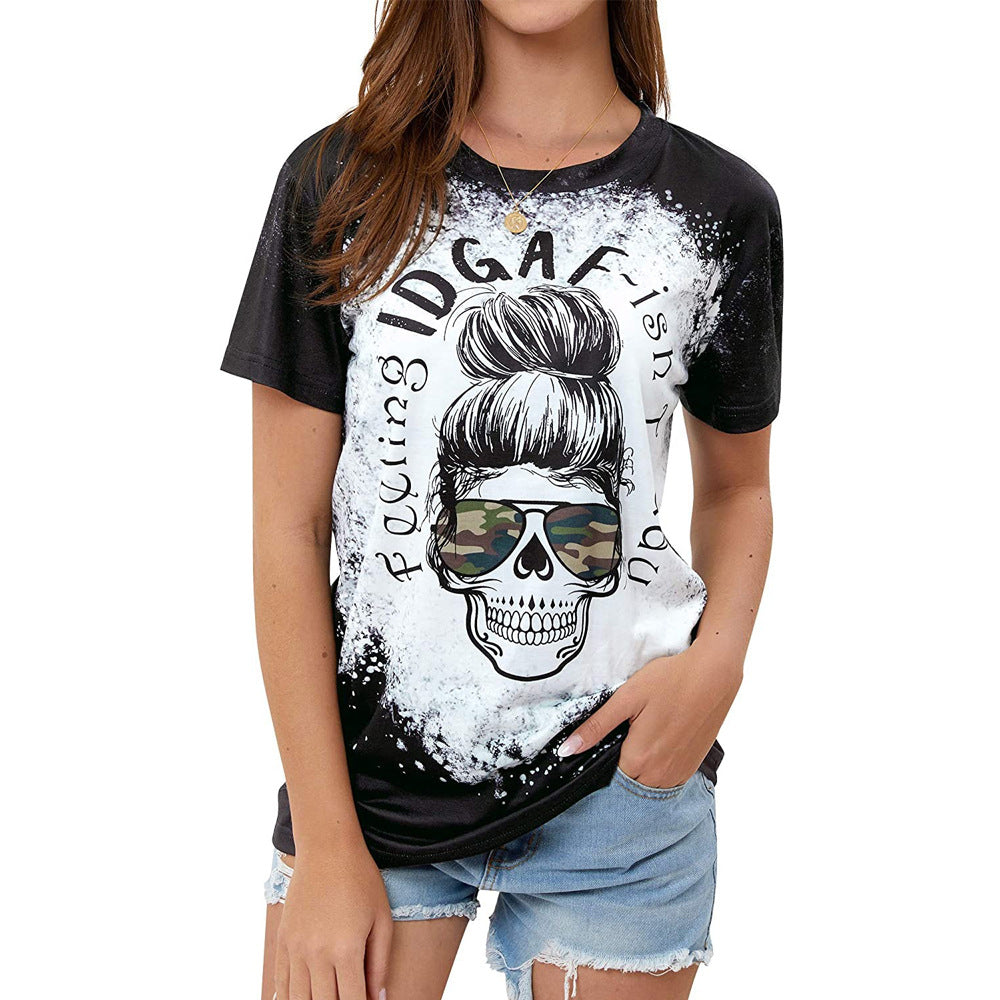 Skull Print Crew Neck Short Sleeve Blouse