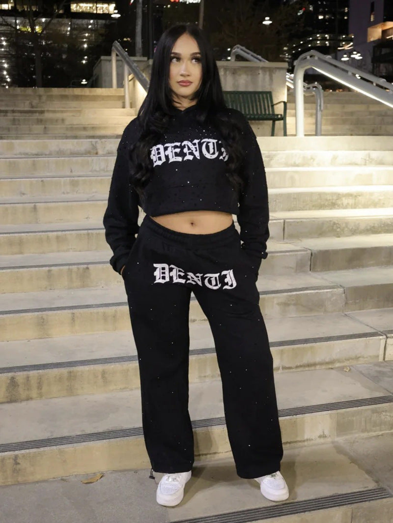 Women's Fashionable Printed Letter And Rhinestone Casual Sportswear Set