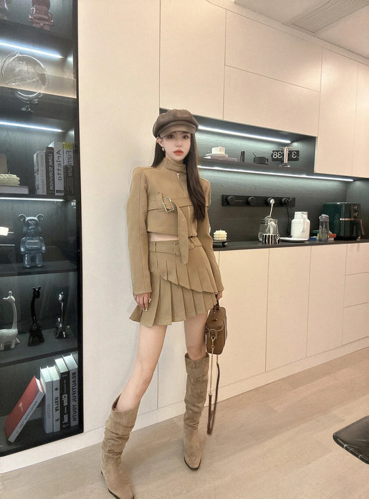 Women's Oblique Zipper Lace-up Cutout Pleated Skirt Suit