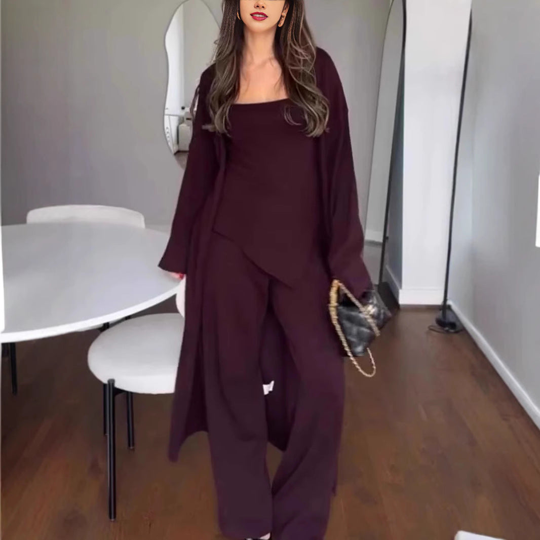 New Style Casual Solid Color Knitted Three-Piece Set Loose Long Coat And Wide-Leg Pants For Women